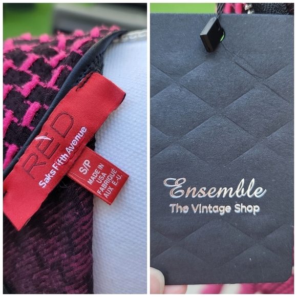 Red Label Saks Fifth Avenue Vintage Dress ✦ Pink & Black Drop Waist Leather Trim - Picture 11 of 14